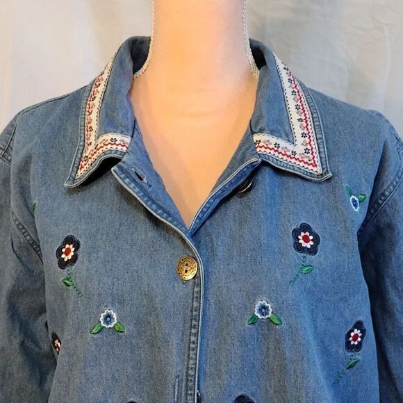 VTG 90s Floral Denim Embroidered Button Front Cottagecore Cardigan XL - Picture 5 of 16